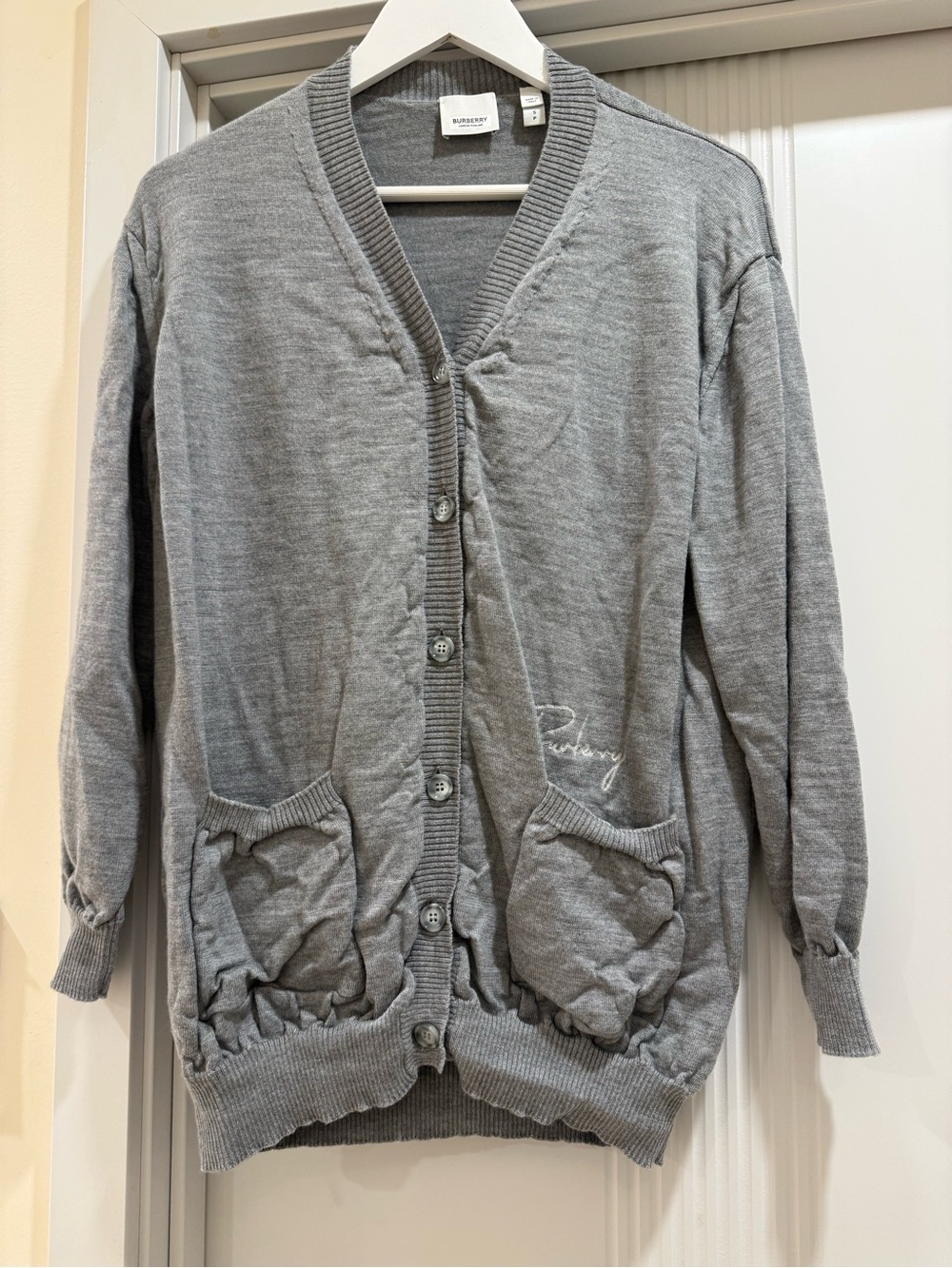 Burberry Men’s Light Grey Button Cardigan with Front Pockets